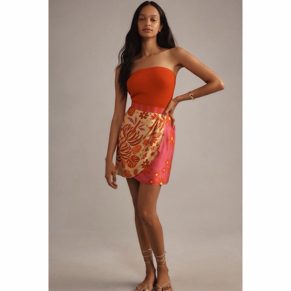 ANTHROPOLOGIE Farm Rio Red Floral Wrap Mini Skirt Tropical L NWT - Picture 2 of 6